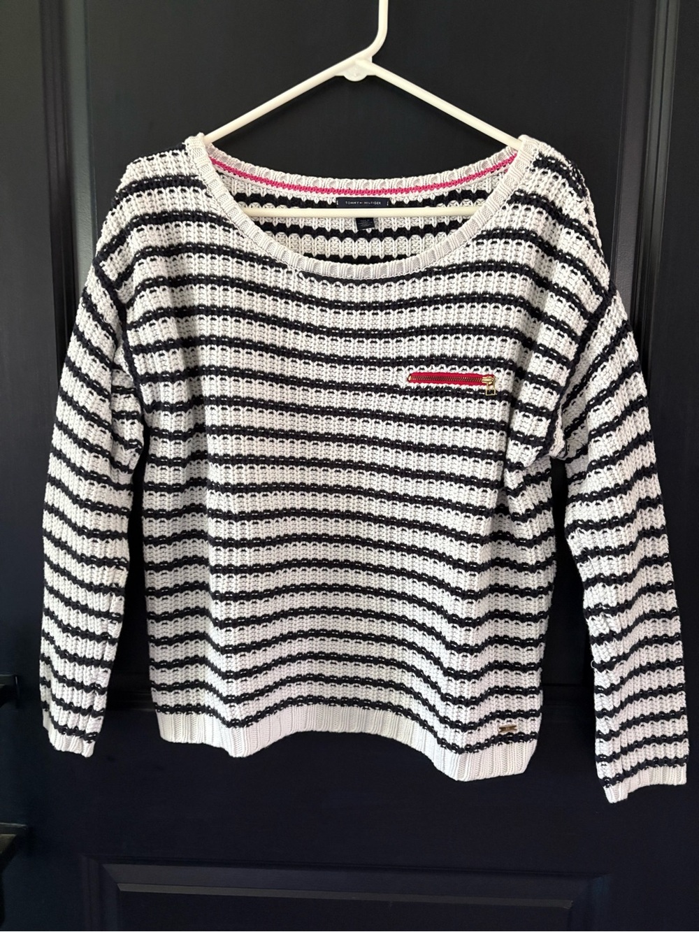 Striped Navy Blue & White Knit Sweater - Women's Lightweight Pullover